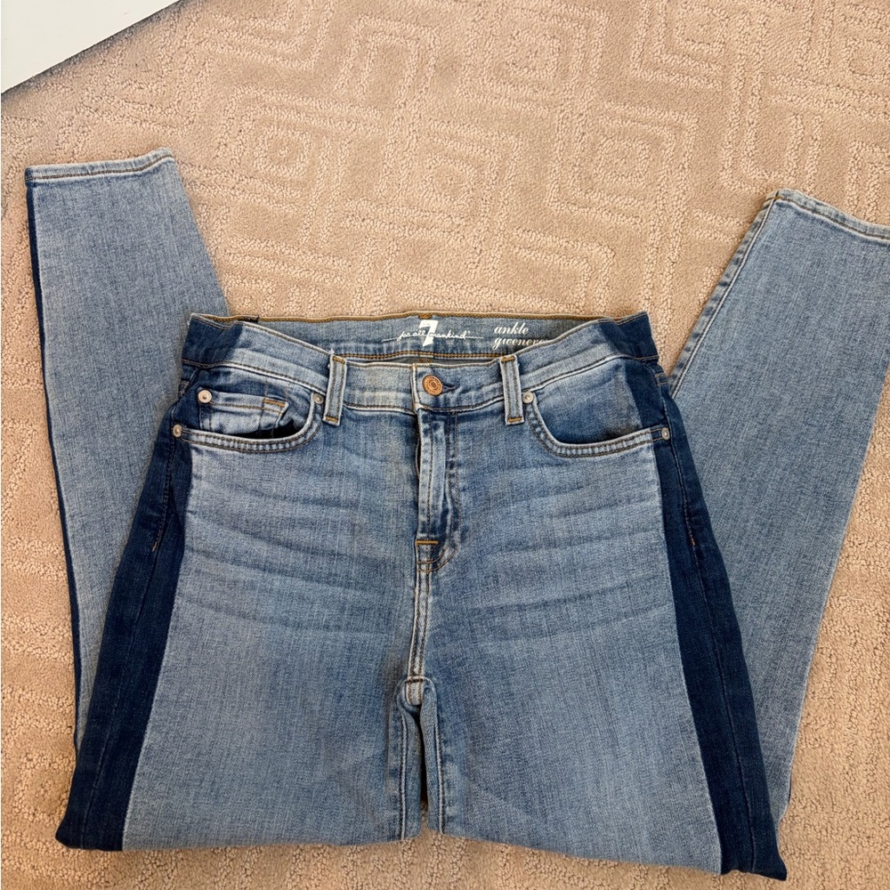 7 For All Mankind Two-Tone Blue Ankle Jeans
